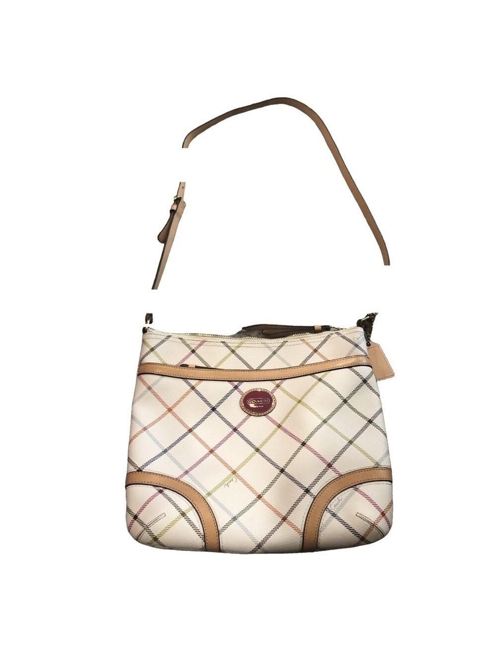 Coach Factory Peyton diagonal tattersall plaid shoulder crossbody zipper close - Picture 1 of 15
